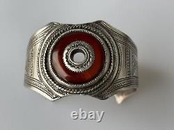 Handmade Moroccan Solid Silver Bracelet, Ancient Tuareg Carved Carnelian