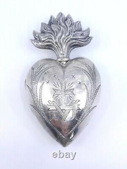 Heart Of Mary Ancient In Solid Silver Reliquary Ex Voto 19th (2)