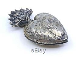 Heart Of Mary Ancient Silver Reliquary Massive Ex Voto XIX