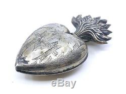 Heart Of Mary Ancient Silver Reliquary Massive Ex Voto XIX