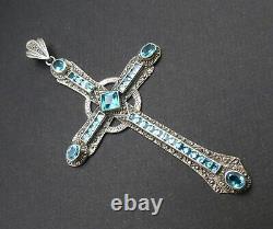 Huge Ancient Cross Massive Silver Hanging Marcassite - Swiss Topaz Of 14ct