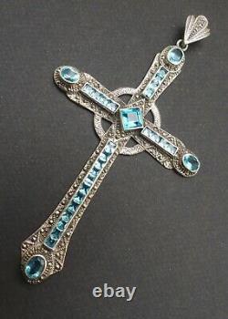 Huge Ancient Cross Massive Silver Hanging Marcassite - Swiss Topaz Of 14ct