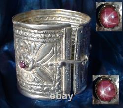 Huge antique bracelet 193g solid silver, 3 star rubies 15 carats