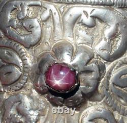 Huge antique bracelet 193g solid silver, 3 star rubies 15 carats