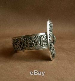 Important Old Cuff Bracelet In Sterling Silver & Stone China Indochina