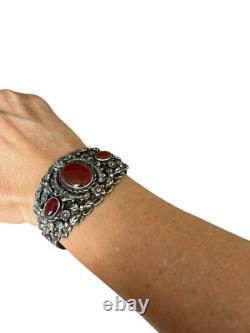 Important vintage solid silver cuff bracelet, 19th century, antique floral