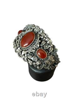 Important vintage solid silver cuff bracelet, 19th century, antique floral