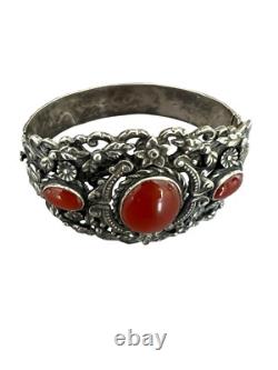 Important vintage solid silver cuff bracelet, 19th century, antique floral