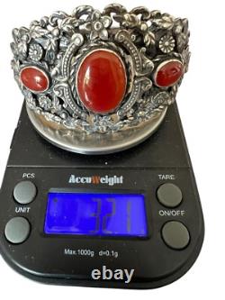 Important vintage solid silver cuff bracelet, 19th century, antique floral