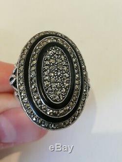 Imposing Old Ring In Sterling Silver, Onyx And Marcasite