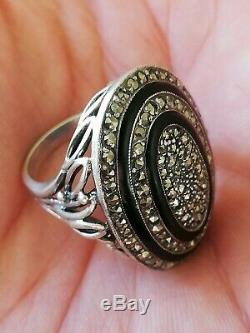 Imposing Old Ring In Sterling Silver, Onyx And Marcasite