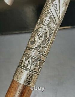 India Ancienne Canne Pommeau Argent Massif Indian Silver Cane Xixeme