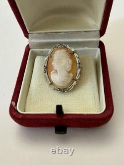 Italian cameo antique brooch Solid Silver 800 Marcasites Art Deco Signed