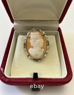 Italian cameo antique brooch Solid Silver 800 Marcasites Art Deco Signed