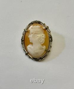 Italian cameo antique brooch Solid Silver 800 Marcasites Art Deco Signed