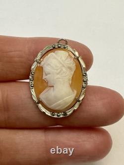 Italian cameo antique brooch Sterling Silver 800 Marcasites Art Deco