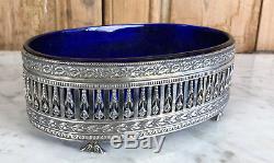 Jardiniere / Old Dish In Sterling Silver (226gr) And Blue Crystal