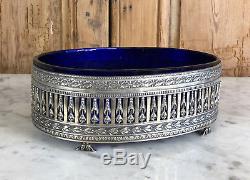 Jardiniere / Old Dish In Sterling Silver (226gr) And Blue Crystal