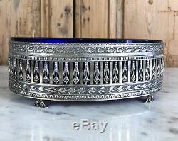 Jardiniere / Old Dish In Sterling Silver (226gr) And Blue Crystal