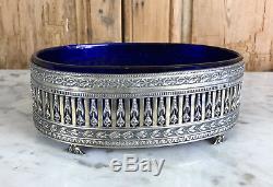 Jardiniere / Old Dish In Sterling Silver (226gr) And Blue Crystal