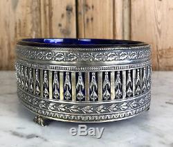 Jardiniere / Old Dish In Sterling Silver (226gr) And Blue Crystal