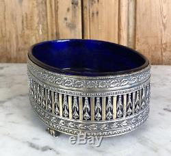 Jardiniere / Old Dish In Sterling Silver (226gr) And Blue Crystal