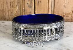 Jardiniere / Old Dish In Sterling Silver (226gr) And Blue Crystal