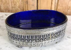 Jardiniere / Old Dish In Sterling Silver (226gr) And Blue Crystal