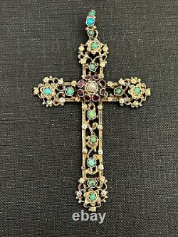 Large 19th century antique solid silver pectoral cross with stones