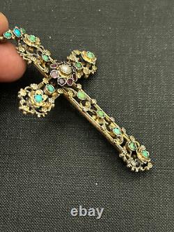 Large 19th century antique solid silver pectoral cross with stones