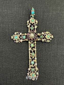 Large 19th century antique solid silver pectoral cross with stones