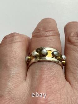 Large Antique Movable Band Ring, Genuine Pearl, Silver, Vermeil