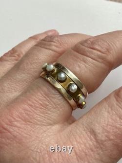 Large Antique Movable Band Ring, Genuine Pearl, Silver, Vermeil