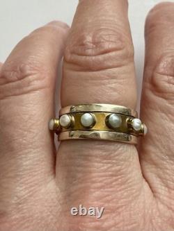 Large Antique Movable Band Ring, Genuine Pearl, Silver, Vermeil
