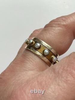 Large Antique Movable Band Ring, Genuine Pearl, Silver, Vermeil