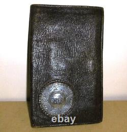 Large Old Wallet In Leather And Solid Silver Punched With Crab