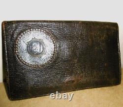 Large Old Wallet In Leather And Solid Silver Punched With Crab