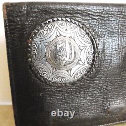 Large Old Wallet In Leather And Solid Silver Punched With Crab