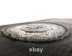 Large Old Wallet In Leather And Solid Silver Punched With Crab