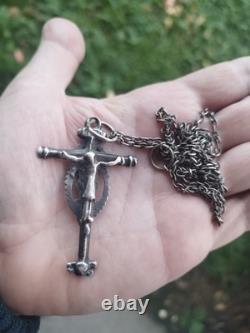 Large antique pectoral cross crucifix silver with its chain, reliquary