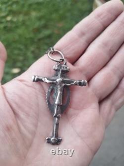 Large antique pectoral cross crucifix silver with its chain, reliquary