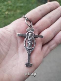 Large antique pectoral cross crucifix silver with its chain, reliquary