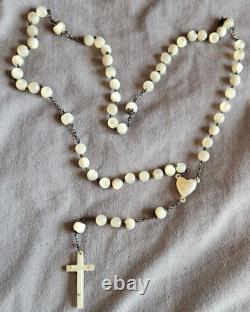 Large antique rosary in solid silver & mother-of-pearl beads