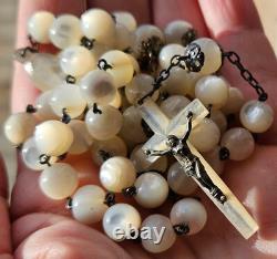 Large antique rosary in solid silver & mother-of-pearl beads