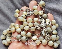 Large antique solid silver rosary with mother-of-pearl beads