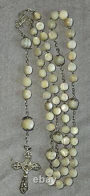 Large antique solid silver rosary with mother-of-pearl beads