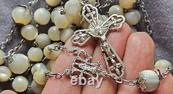 Large antique solid silver rosary with mother-of-pearl beads