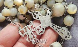 Large antique solid silver rosary with mother-of-pearl beads