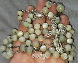 Large antique solid silver rosary with mother-of-pearl beads