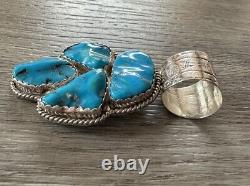 Large pendant in solid silver and turquoise, signed O. Crespin